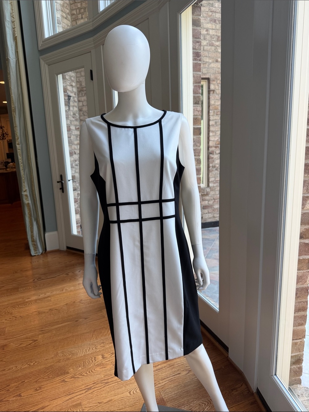 Calvin Klein Black and White Geometric Paneled Midi Dress